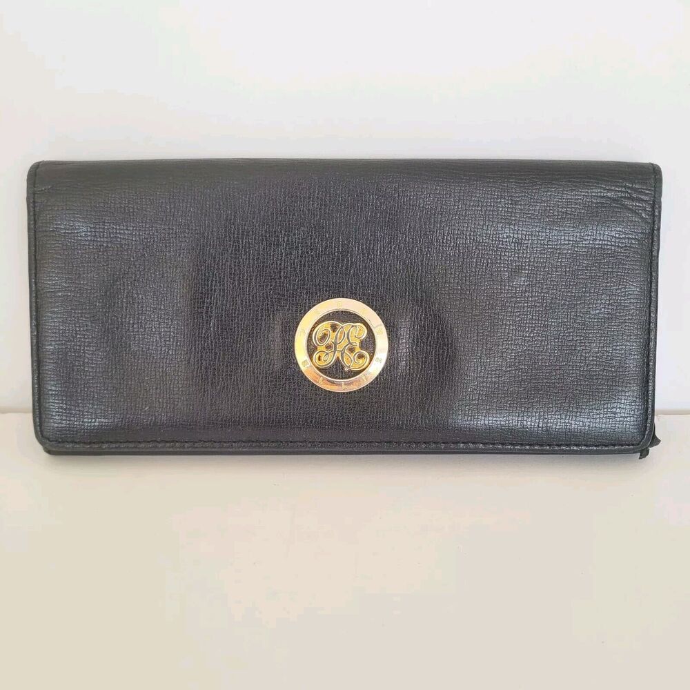 Perry Ellis Bifold Leather Black Wallet Long Slim Envelope Logo Card Check Holde